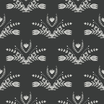 Monochrome floral pattern with delicate white flowers and foliage on a dark background. Elegant and modern, this black-and-white design evokes timeless sophistication with a vintage touch.
