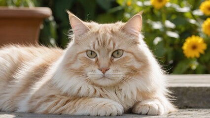 Cream siberian cat lying outside in the garden