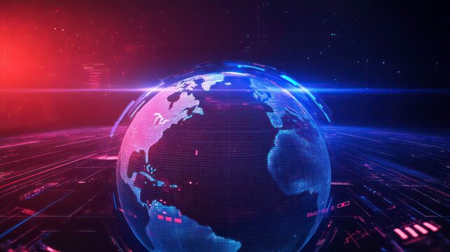 A digital globe with a blue and red light trail, surrounded by a glowing digital grid.