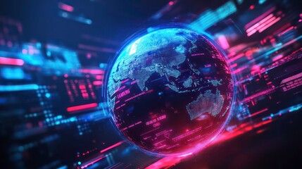 A glowing digital earth globe with abstract neon lights in the background.