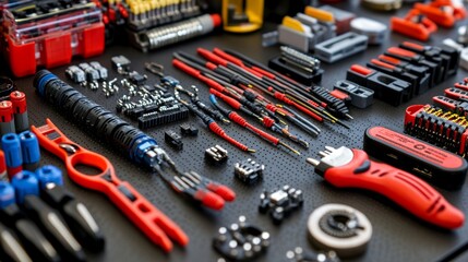 Fototapeta premium Electrical Connectors Wires and Tools on a Black Surface