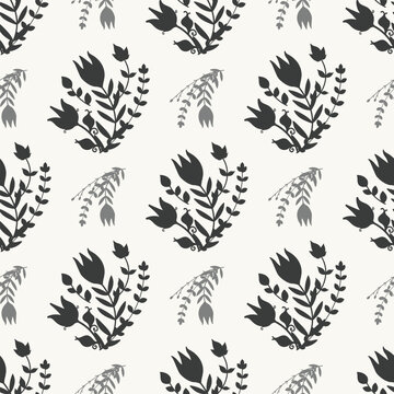 Monochrome floral pattern with tulips and leaves in Scandinavian folk style. Muted tones of black and grey with a minimalist, vintage look. Perfect whimsical, elegant timeless design.