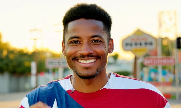 Puerto Rican Man Joyfully Smiling at a Humorous Sign