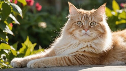 Cream siberian cat lying outside in the garden