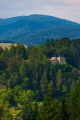 Widok na ruiny zamku w Muszynie i szczyt Jaworzyna Krynicka.
