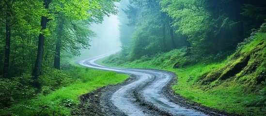 Obraz premium Misty Forest Road: A Winding Path Through Lush Greenery