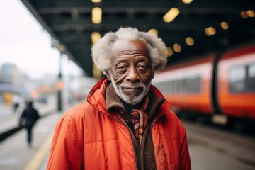 Portrait of a content afro-american elderly man in his 90s sporting a long-sleeved thermal undershirt isolated on modern city train station