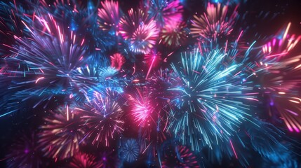 Vibrant Neon Abstract Fireworks Against Night Sky for Festive Celebration Design
