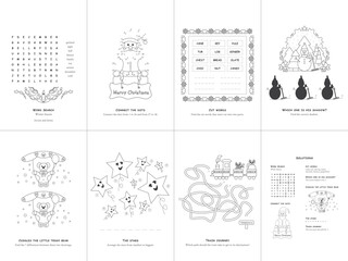 Set of seven games. Christmas Theme. Game and coloring page for kids. English language. Vector illustration. Set No. 3.