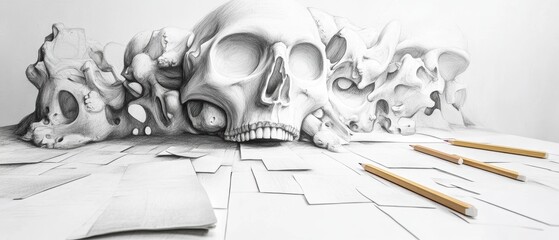 Oversized 3D pencil drawing school doodles on white canvas