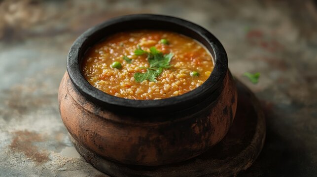 An empty scene featuring a clay pot brimming with freshly prepared bisi bele bath, Karnataka&acirc;&euro;&trade;s famous dish, with the state flag subtly decorating the pot,