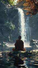 Obraz premium Peaceful meditative monk sitting by a serene waterfall, 4K hyperrealistic photo.