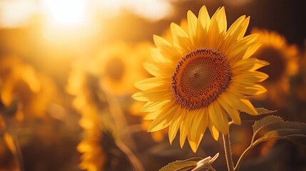 Obraz premium Sunflowers sway in a golden field under a summer sky