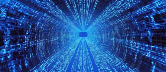 Digital Tunnel of Blue Light and Binary Code