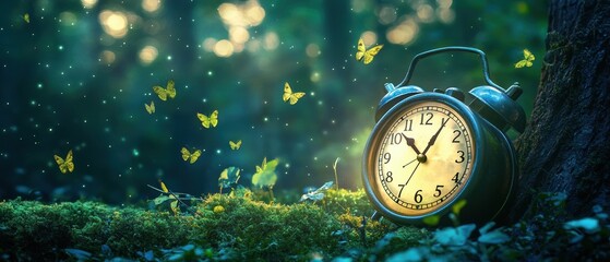 Fairy tale inspired enchanted alarm clock on magical forest green