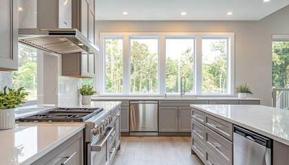 Fototapeta premium A modern kitchen featuring sleek cabinetry, stainless steel appliances, and large windows overlooking a green landscape.
