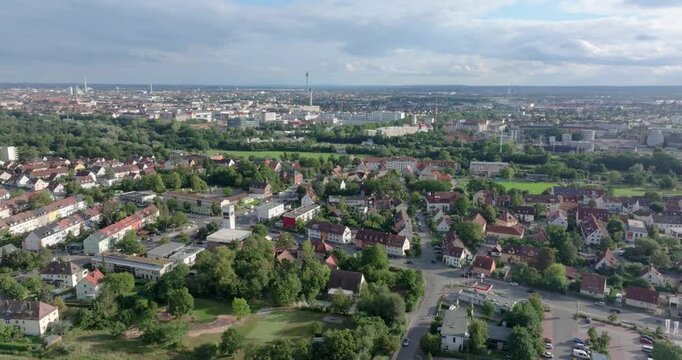 Drone pan over the German metropolis of Nuremberg in Bavaria during the day