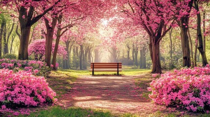 Romantic Spring Park Bench Pathway Pink Blossoms Flowers Trees Sunbeams