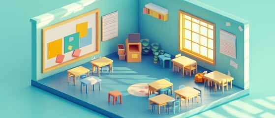 Isometric 3D classroom corner on floating platform