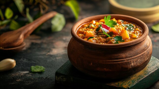 An empty scene featuring a clay pot brimming with freshly prepared bisi bele bath, Karnataka&acirc;&euro;&trade;s famous dish, with the state flag subtly decorating the pot,