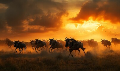 Wildebeest herd running at sunset.