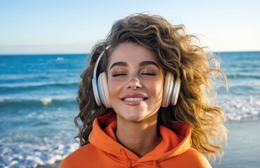 Beautiful long-haired young woman on the beach enjoying her favorite music with big headphones and closed eyes