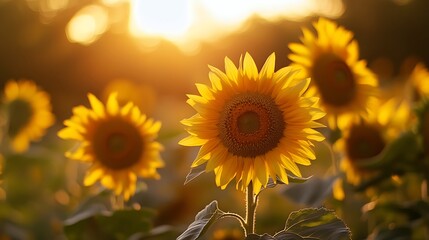 Fototapeta premium Sunflowers sway in a golden field under a summer sky