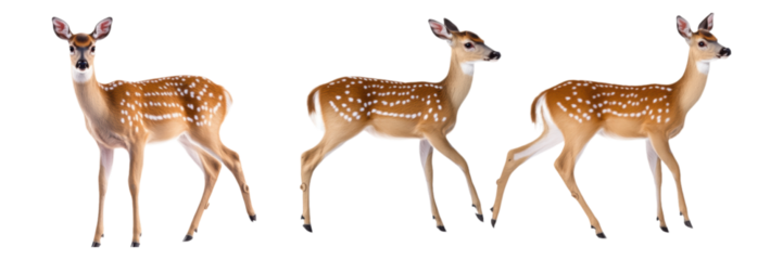 Three spotted deer standing isolated transparent background