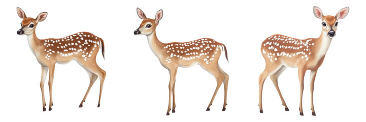 Three white tailed deer fawns standing isolated transparent background