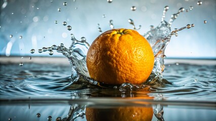 Minimalist Photography of an Orange Splashing in Water - Refreshing Fruit Image