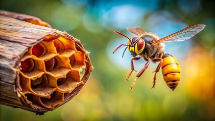 Minimalist Photography of Asian Hornet Approaching Bee Hive - Nature's Predatory Dynamics in Focus