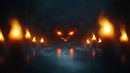 Naklejka premium A haunting scene with glowing candles casting eerie shadows on a dark figure with glowing eyes, creating a chilling atmosphere.