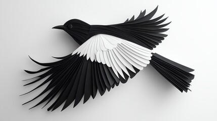 Obraz premium Simple paper cut bird in flight with geometric wings and a monochrome palette, paper cut bird, minimalist wildlife art