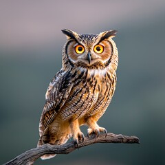 Obraz premium A majestic owl perched on a branch, showcasing its striking features and captivating eyes in a serene natural environment.