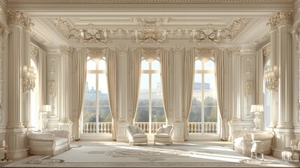 Obraz premium Spacious and luxurious neoclassical salon with ornate architectural details, grand windows, and elegant furnishings evoking grandeur and sophistication
