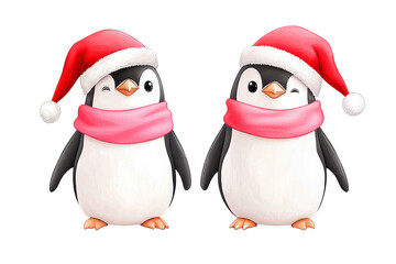 Fototapeta premium Two festive penguins with red scarves, white isolated background