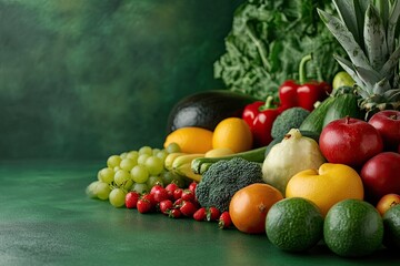 Various fruits and vegetables on green background. This photo shows a diverse selection of fresh produce, perfect for illustrating healthy eating, grocery shopping, or cooking.