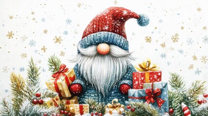  Merry Christmas, gnome with a long hat is holding gifts