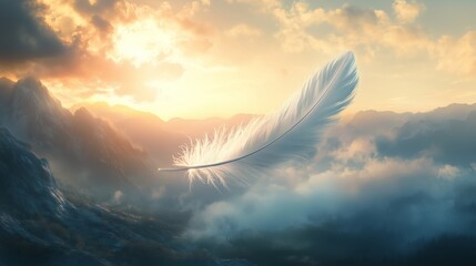 A delicate feather gliding above a mountain landscape at sunset, casting a serene aura over the dramatic sky