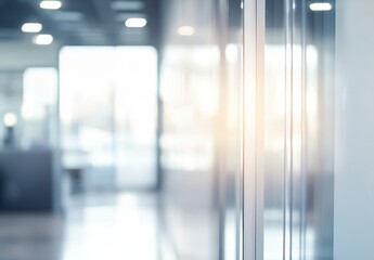 A sleek, blurred view of a modern office corridor with glass walls and natural lighting.
