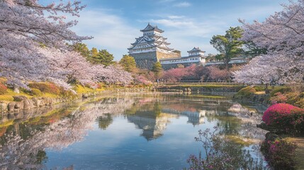 Fototapeta premium A Japanese castle with cherry blossom trees in full bloom reflected in a calm pond.