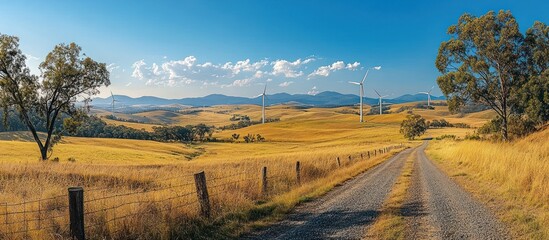 Fototapeta premium A dirt road leads through a field of golden grass with wind turbines in the distance and a blue sky above.