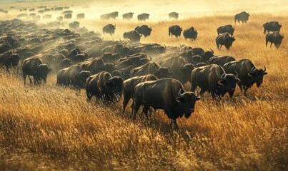 A herd of bison in tall golden grass.
