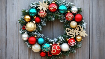 Merry Christmas written in colorful ornaments on a wreath, hung on a front door covered in snow.