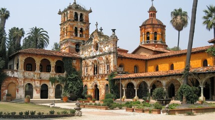 Obraz premium A stunning Spanish-style hacienda with ornate architecture, vibrant orange hues, and lush palm trees blending historical elegance and tropical charm