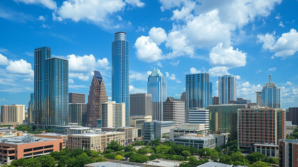 Naklejka premium Centrum miasta ukazuje szereg imponujących budynków i luksusowych wieżowców, które wznoszą się dumnie pod błękitnym niebem.
