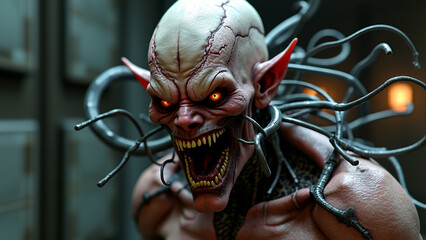 This is a highly detailed CGI rendering of a demonic, otherworldly creature with a sinister and menacing appearance. The creature has a bald, pale, and heavily scarred head with cracked, red-tinged 