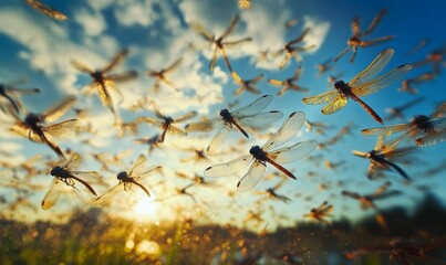 Dragonflies flying against a sunset sky.