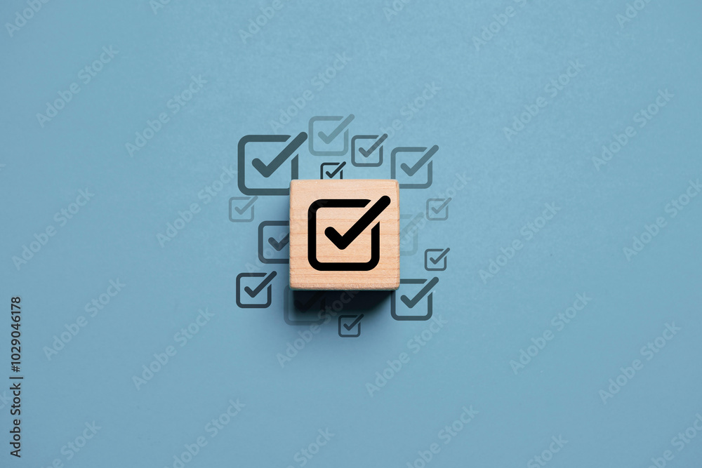 Poster Black correct sign mark on wooden block cube for project and document approval concept.