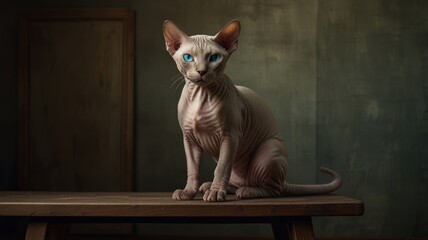 A hairless Sphynx cat with bright blue eyes sits on a wooden bench, looking directly at the camera.